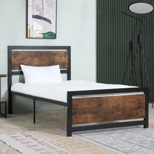 HOMCOM Single Size Metal Bed Frame w/ Headboard & Footboard, 97x195x103cm Black Black & Rustic Brown