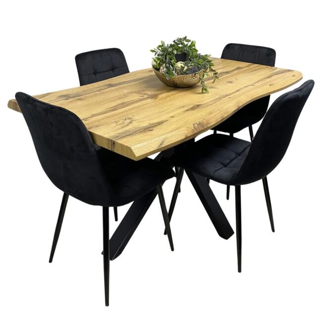 Wooden Dining Table with 4 Black Velvet Chairs, Stylish Dining Room Furniture