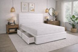 Divan Bed Set Headboard and Footboard with Mattress 6ft Superking White Suede Storage 2 Drawers Right Side Laying in Bed