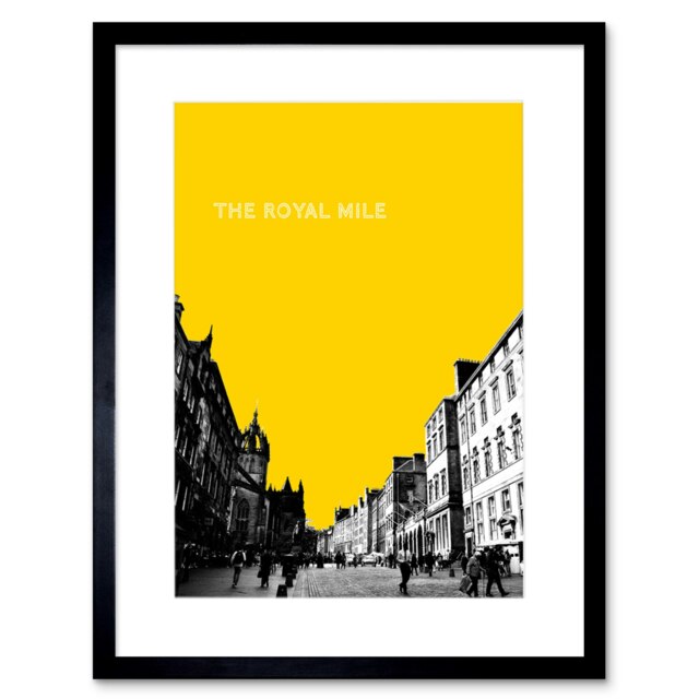 "Royal Mile Edinburgh Scotland Street Cityscape Yellow 9x7"" Black Framed Wall Art Print"