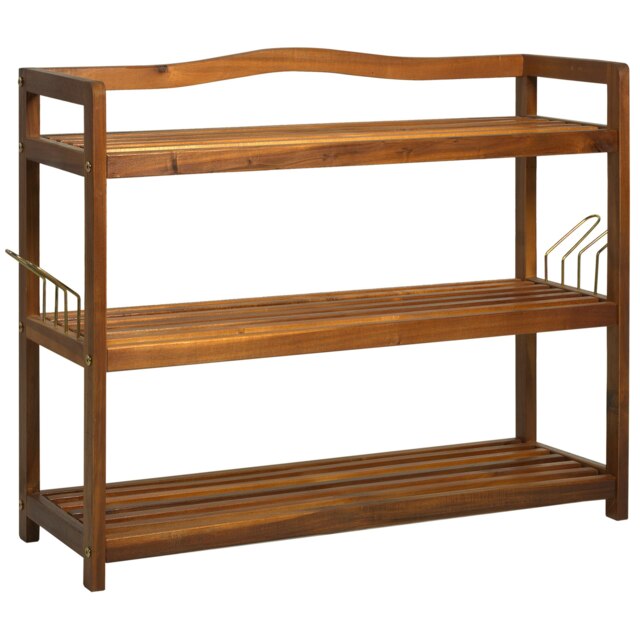 3-Tier Wooden Vertical Shoe Rack With Hanging Hooks Brown Brown