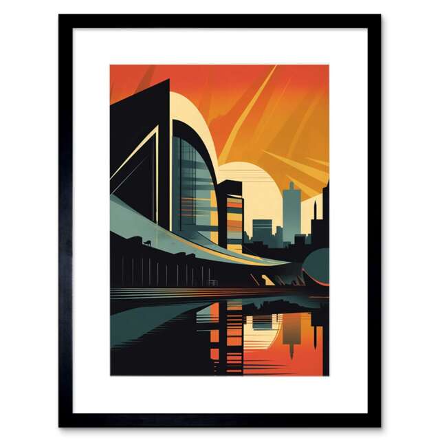 "River Clyde Walkway Modern Glasgow Cityscape 9x7"" Black Framed Wall Art Print"
