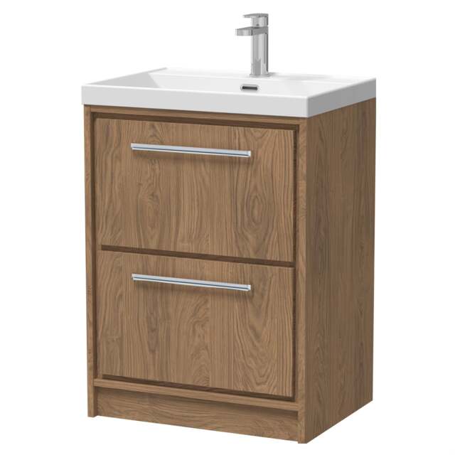 Balterley Longnor 2 Drawer Floor Standing Vanity Unit with 1 Tap Hole Thin Edge Basin, Antique Oak, 600mm