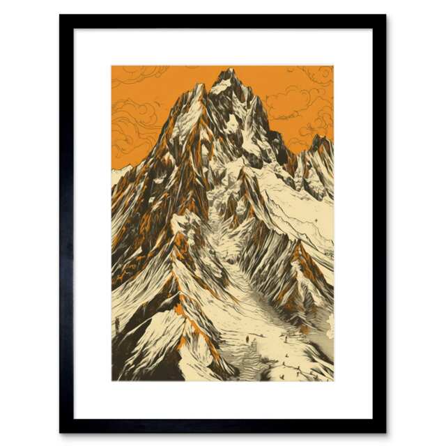 "K2 Mountain Peak Summit Climbers White Orange 9x7"" Black Framed Wall Art Print"