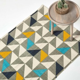 Homescapes Copenhagen Blue, Yellow and Grey Cotton Geometric Style Scandi Printed Rug - 160 x 230 cm Multi White, grey, blue, yellow and black