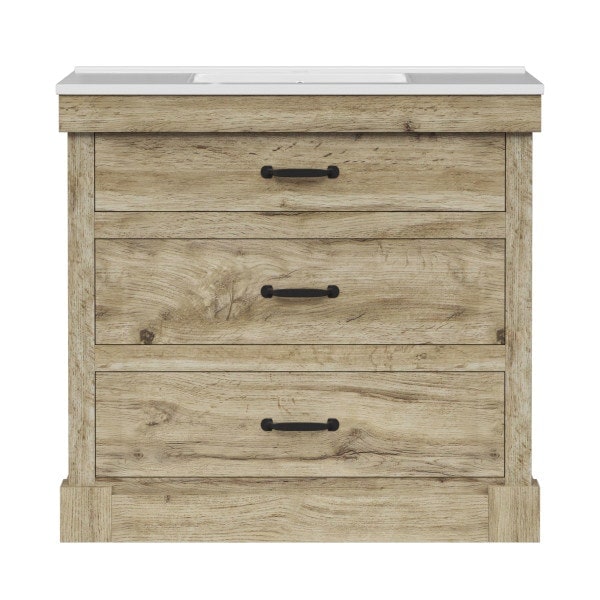 Teamson Home Donovan 36in Single Bathroom Vanity with Integrated Square Sink and Two Drawers, Light Oak