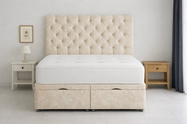 Ottoman Lift Open Cream Crush Velvet 5ft Kingsize Bed Set