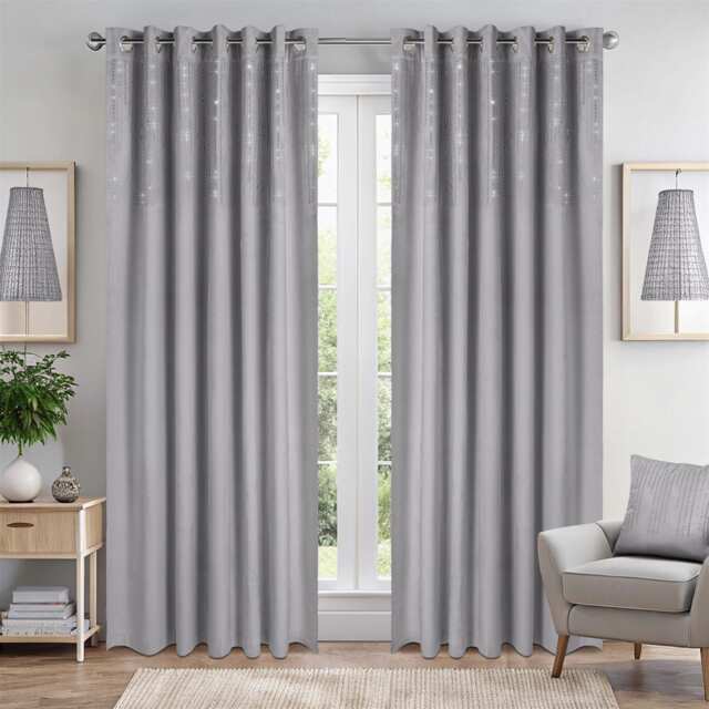 Triple Woven Blackout Velvet Ring Top Curtains with Cascading Diamante Studs 117cm x 137cm Silver Silver Silver 1