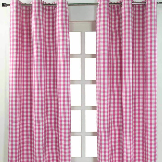 Homescapes Cotton Block Check Gingham Eyelet Curtains - 137 x 228 cm Pink Pink