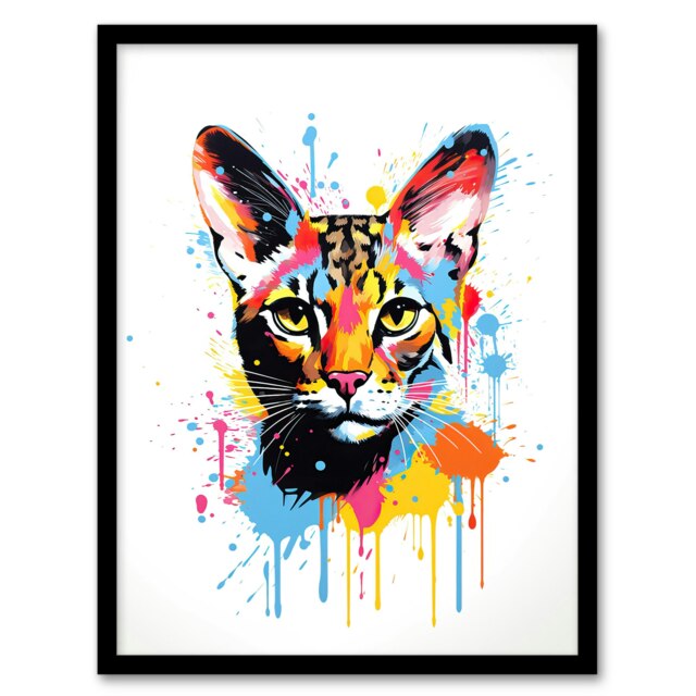 Serval Cat Lover Gift Pet Portrait Orange Black Framed Wall Art Print A4