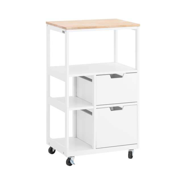SoBuy Kitchen Storage Trolley with 2 Drawers & 2 Shelves, White/Natural Wood, 20.8x14.5x35.0 in, 19.9 kg - FKW111-WN
