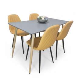 Wooden Rectangle Dining Table Set Grey Table with 4 Mustard Gem Patterned Chairs