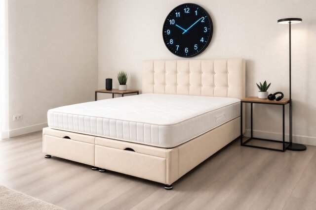 Ottoman Cube Cream Plush 4ft6 Double Foot Lift Bed Headboard and Mattress Set