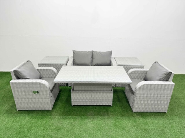 Fimous Light Grey PE Wicker Rattan Garden Furniture Set Sofa Set Reclining Chair Adjustable Lifting Dining or Coffee Table 4 Seater With 2 Side Table