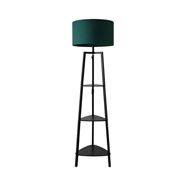 ValueLights Hiru Black 3 Tier Shelf Floor Lamp Green Shade and Bulb