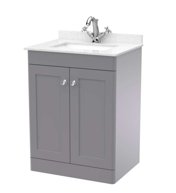 Balterley Swynnerton Traditional 2 Door Floor Standing Vanity Unit with Marble Basin, Satin Grey, 600mm