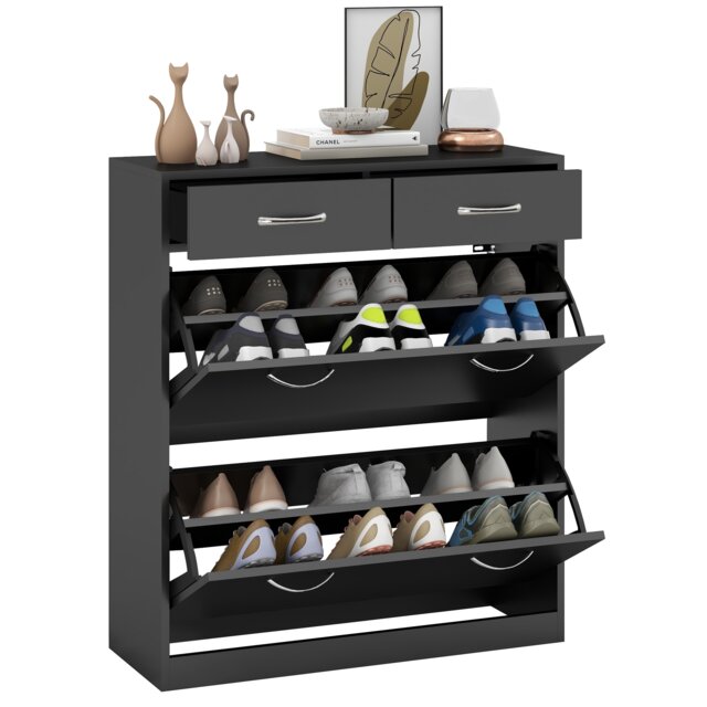HOMCOM Narrow Shoe Cabinet, Slim Shoe Storage Cabinet with 2 Flip Drawers, 2 Slide Out Drawers and Adjustable Shelves for 12 Pairs of Shoes for Entryway Hallway, Black Black