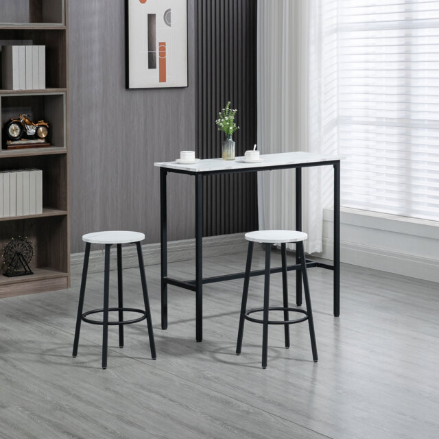 HOMCOM 3 Piece Bar Table Set, Modern Dining Table Set for 2 with Stools, Steel Frame, Footrest for Kitchen, Living Room, Small Space, White