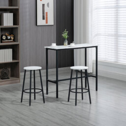 HOMCOM 3 Piece Bar Table Set, Modern Dining Table Set for 2 with Stools, Steel Frame, Footrest for Kitchen, Living Room, Small Space, White