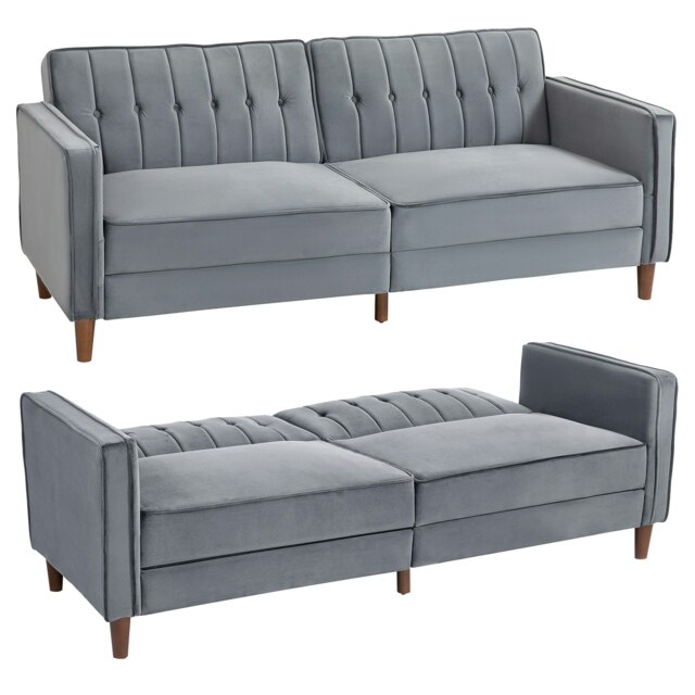 HOMCOM Convertible Sofa Bed, 189cm Click Clack 3 Seater Sofa Bed, Button Tufted Velvet Sleeper Couch with Split Reclining Backrest and Rubber Wood Legs, Dark Grey