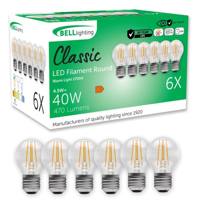 BELL Lighting E27 Filament LED Golf Ball 4.7W Energy Saving Light Bulb White Warm White - 2700K 6