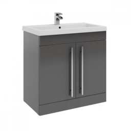 Bathroom 2-Door Floor Standing Vanity Unit with Mid Depth Ceramic Basin 800mm Wide - Storm Grey Gloss - Brassware Not Included Grey Grey 1