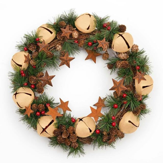 40cm Bells Stars Pine Green Christmas Wreath