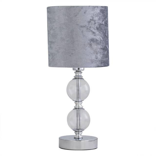 Chrome Two Ball Table Lamp with Grey Crushed Velvet Shade Chrome Grey Medium 1