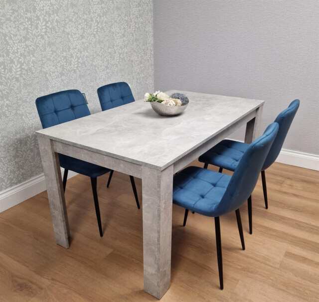 Stone Grey Wood Effect Dining Table Set with 4 Blue Velvet Chairs Dining Room Set