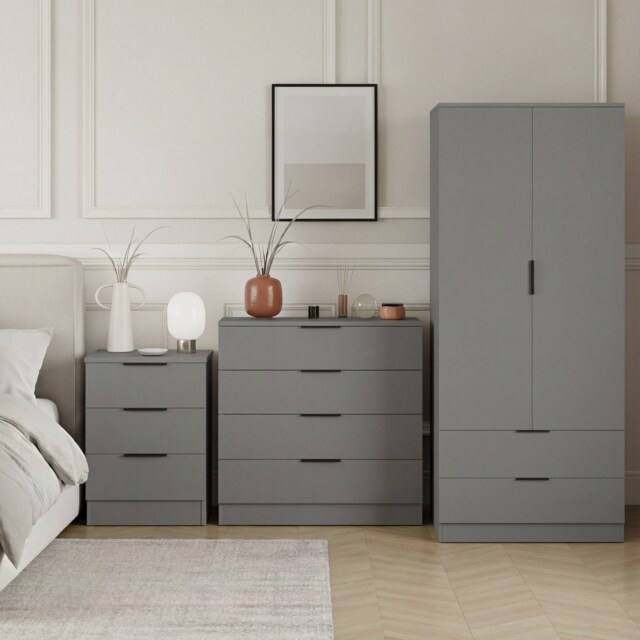 Vida Designs Trega 3 Piece Bedroom Set (3 Drawer Bedside Chest, 4 Drawer Chest, 2 Door 2 Drawer Wardrobe) Grey