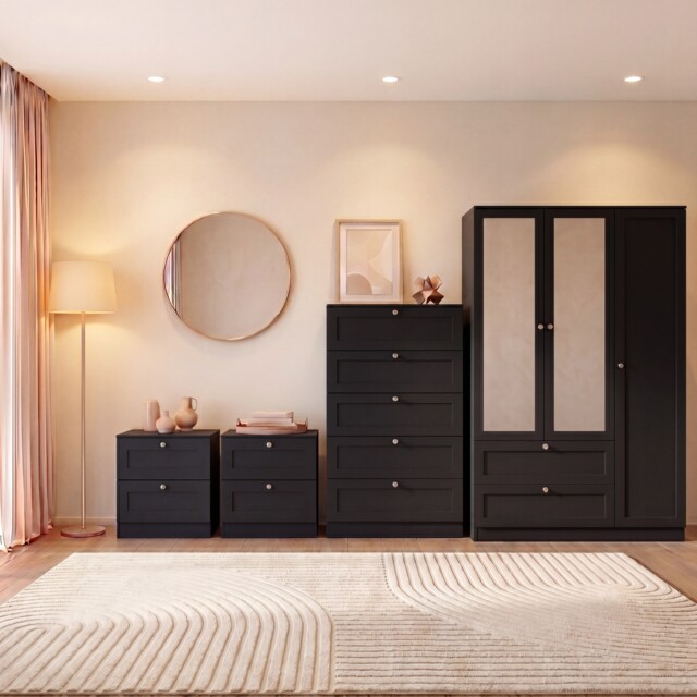 Vida Designs Altino 4 Piece Bedroom Set (2x 2 Drawer Bedside, 5 Drawer Chest, 3 Door 2 Drawer Wardrobe), Black