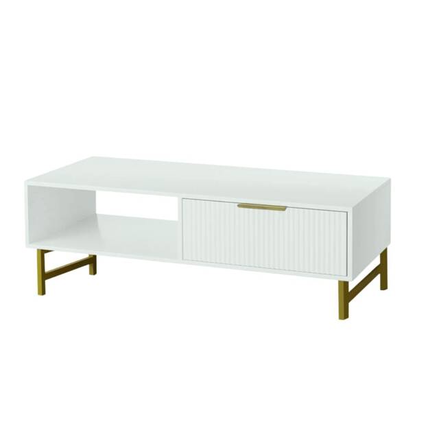 Modern White Coffee Table with Storage, Gold Metal Legs and Handles, Stylish Centre Table for Living Room and Lounge
