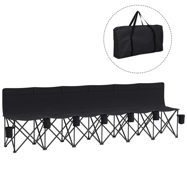Outsunny 6 Seater Folding Bench, Outdoor Camping Chair Portable Sports Spectator Chair with Metal Frame, Cup Holder & Carry Bag, Black