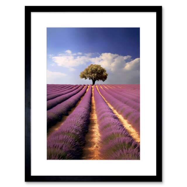 "Lavender Field Provence France Lone Tree Flower 9x7"" Black Framed Wall Art Print"