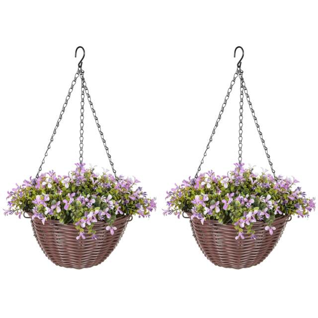 HOMCOM Artificial Flowers in Basket Set of 2 with 75 Leaves and 15 Flowers Purple Purple