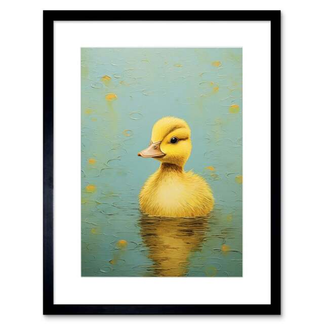 "Cute Baby Duck Duckling Lake Water Kids Bedroom 9x7"" Black Framed Wall Art Print"