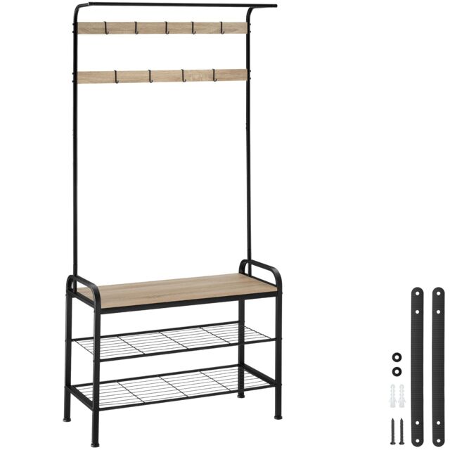Coat Stand - shoe rack, seat, 2 shelves and 9 coat hooks Brown industrial wood light, oak Sonoma One Size 1