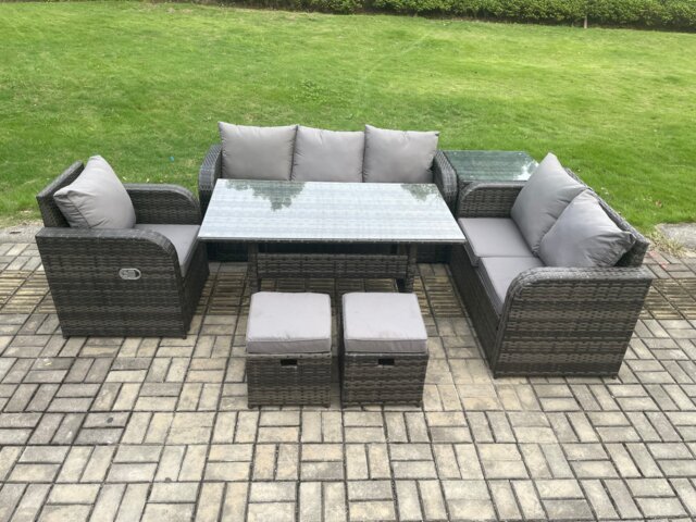 Fimous 8 Seater Garden Rattan Furniture Dining Table Sofa Set Indoor Outdoor with Reclining Chairs Side Table 2 Small Footstools Dark Grey Mixed