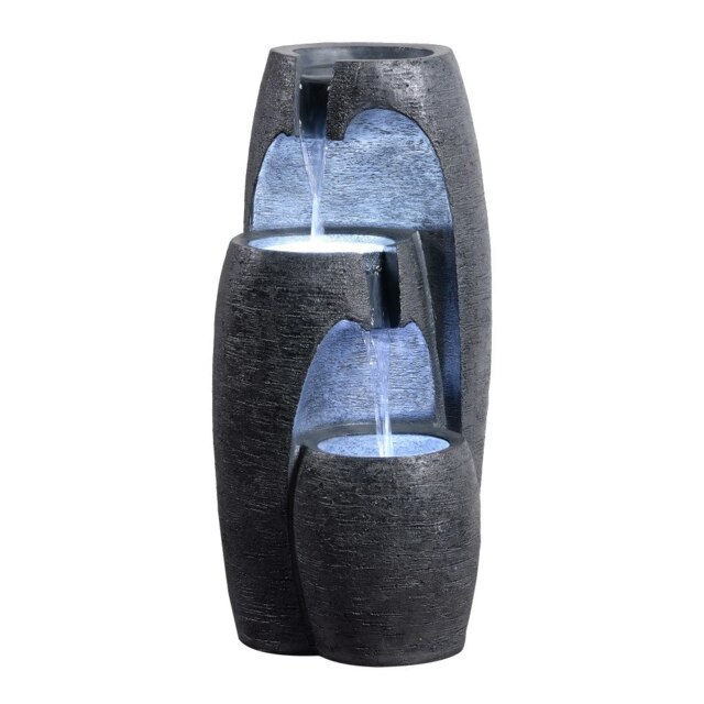 Teamson Home Garden Outdoor Water Feature, Modern 3-Tier Cascading Urn Water Fountain, With LED Lights, Black