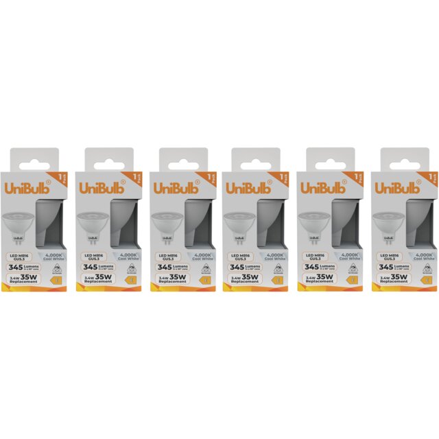 UniBulb LED MR16 GU5.3 345lm 3.4W (Replaces 35W) 4000K (Cool White) Spot Downlight Ceiling Light Bulb - Pack of 6