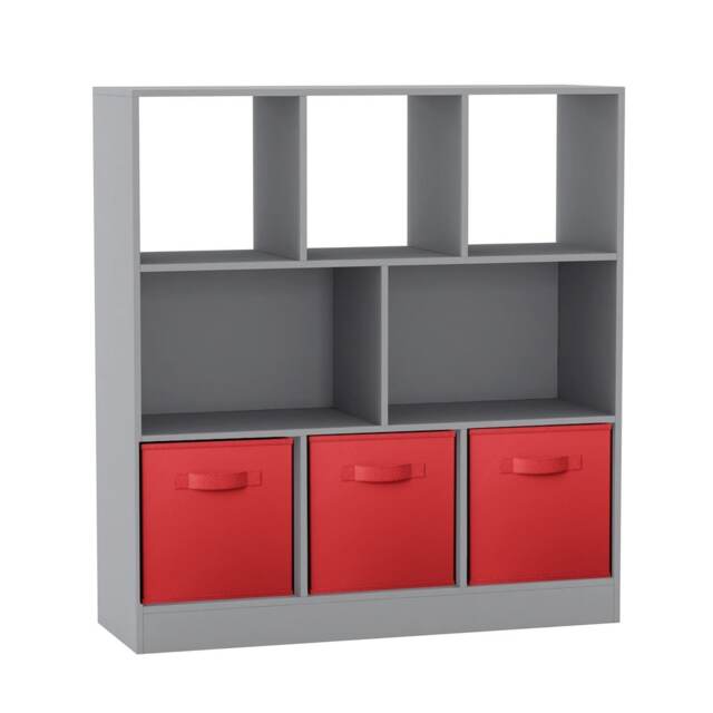 Asymmetrical 8 Grey Cube Bookcase Shelf Storage Unit with 3 Fabric Drawer Inserts Multi Grey & Yellow 1