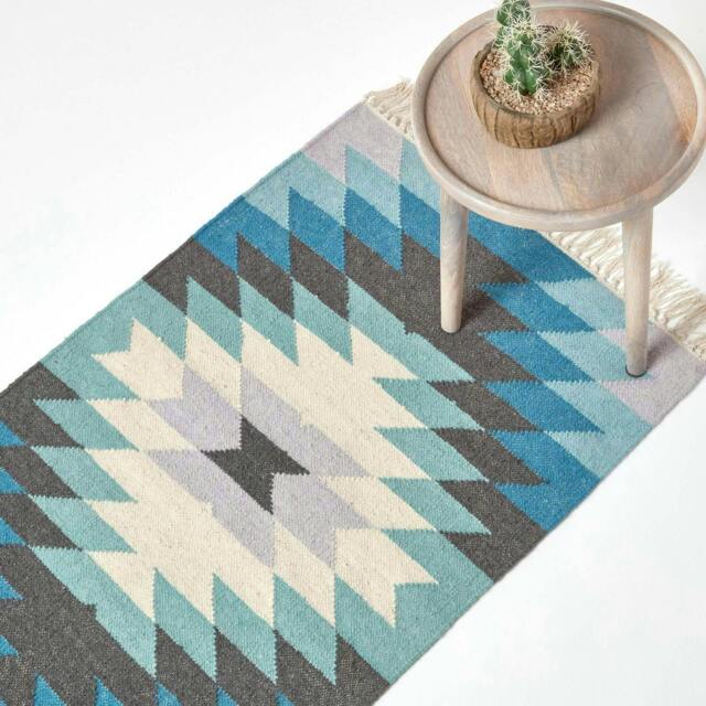 Homescapes Helsinki Handwoven Geometric Blue Grey and Cream Kilim Wool Hall Runner - 66 x 200 cm Blue Blue, green, grey and cream