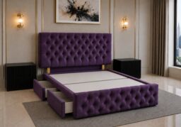 Brooklyn Divan Bed with Upholstered Headboard & Footboard Base - Single Purple Naples 2 Drawers Storage Right Side in Bed