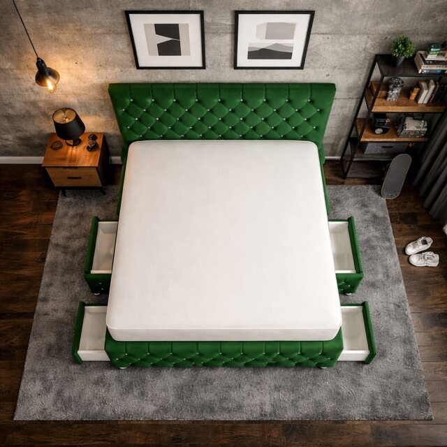 Chesterfield 4ft small double green plush divan bed with headboard and footboard 2 Drawers Right Side Laying in Bed