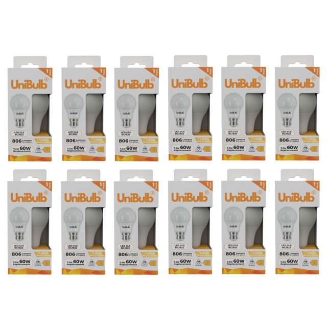 UniBulb LED GLS B22 Bayonet Cap (BC) 806lm 7.3W (Replaces 60W) 3000K (Warm White) Light Bulb - Pack of 12