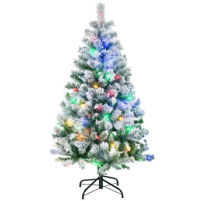 HOMCOM 4.5ft Prelit Snow Flocked Artificial Christmas Tree Xmas Tree with 150 Colourful or Warm White LED Lights Green