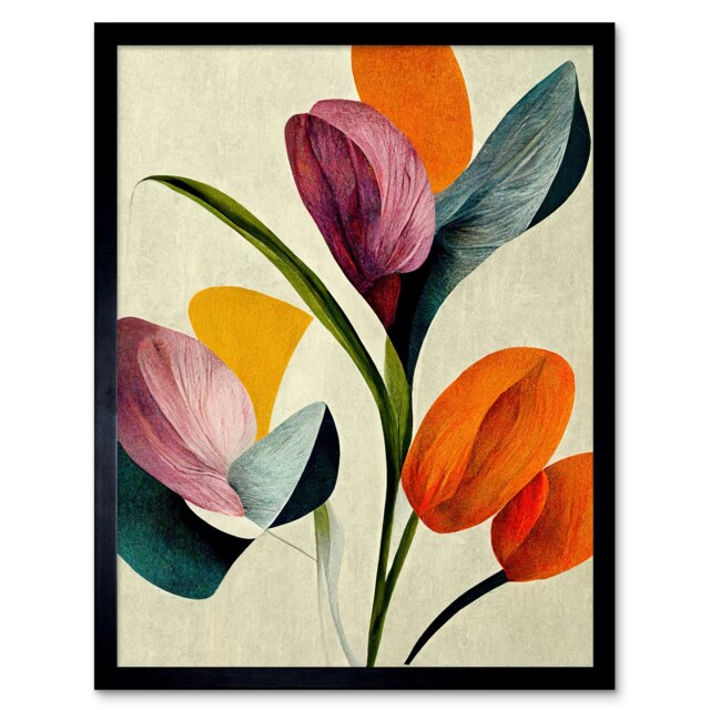 Spring Flowers Floral Bouquet Bold Boho Coral Mustard Framed Wall Art Print