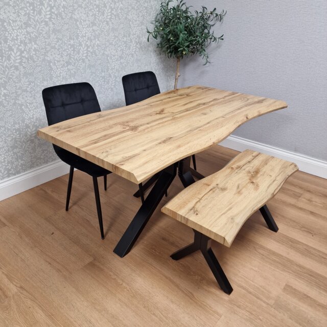 Wooden Dining Table with 2 Black Chairs and Bench - Dining Kitchen Room Furniture