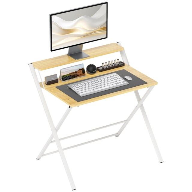 HOMCOM Folding Desk with 2-Tier Shelf for Home Office, Maple Wood-effect Yellow Maple wood-effect