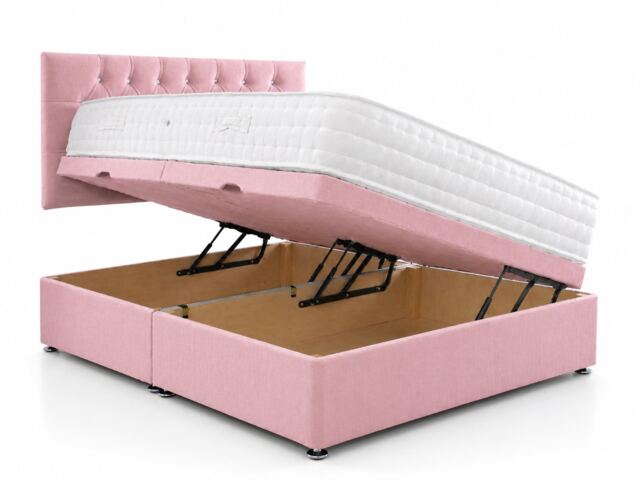 Side Lift 4ft6 Double Pink Plush Ottoman Bed With Headboard and Mattress
